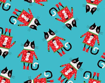 May include: A repeating pattern of cartoon cats wearing red sweaters with snowman designs on a teal background. The cats have black and white markings, black tails, and red boots. The sweaters have green trim.