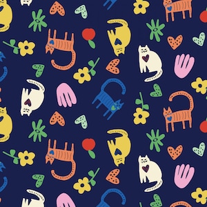 May include: A navy blue fabric with a repeating pattern of colorful cartoon cats, flowers, hearts, and other shapes. The cats are in various colors, including orange, yellow, blue, and white. The flowers are yellow, and the hearts are orange.