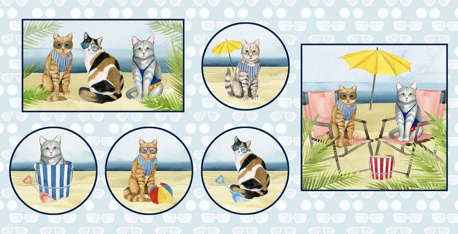 Cat Fabric Coastal Kitty Panel P&B Textiles Sold by the Etsy