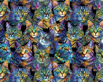 Cat Fabric - Cat Artistry Portraits Multi Benartex Peggy Collins (16734-99) - Sold by the Yard