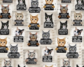 Cat Fabric - Quirky Cats Cat Mugshots Beige Timeless Treasures (CD3061-BEIGE) - Sold by the Yard