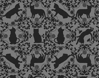 Cat Fabric - Curious Kittycats Cat Silhouettes Gray Quilting Treasures (31873-K) - Sold by the Yard