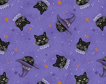 May include: A seamless pattern featuring black cats wearing witch hats and collars on a purple background with orange and white stars.