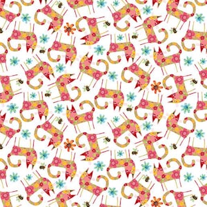Cat Fabric - Garden Cats Patterned Cats Orange/Multi Benartex (16348-37) - Sold by the Yard