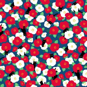 Cat Fabric - Japanese Pattern Cats & Flowers Blue Cosmo Textiles (41403-2D) - Sold by the Yard
