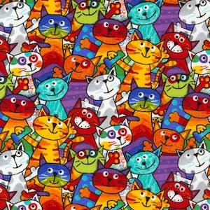 May include: A colourful fabric featuring a repeating pattern of cartoon cats. The cats are drawn in a whimsical style with bright colours and bold outlines. The fabric is ideal for quilting, crafts, and other creative projects.