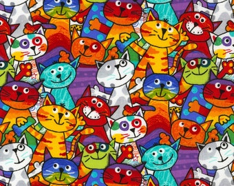 Kattenstof - Crayon Party Stacked Cats Timeless Treasures (Gail-C6341) - Op maat gesneden verkocht