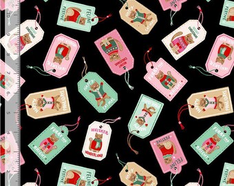 Cat Fabric - Ginger Cat Christmas Gingerbread Cat Gift Tags Timeless Treasures (BH-CD4201-BLACK) - Sold by the Yard