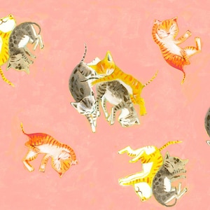 Cat Fabric - Heather Ross By Hand Barn Kittens Salmon Windham Fabrics (54251D-3) - Sold by the Yard
