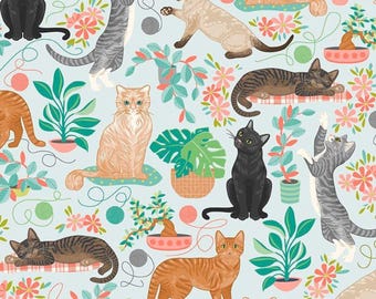 Cat Fabric - Curious Kittycats Cats & Plants Light Blue Quilting Treasures (31870-BQ) - Sold by the Yard