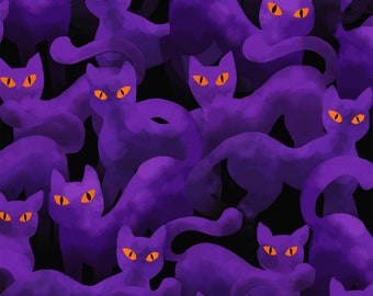 May include: A seamless pattern of purple cats with orange eyes. The cats are overlapping and arranged in a random pattern. The background is black.
