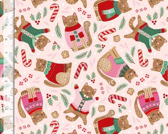 Cat Fabric - Ginger Cat Christmas Gingerbread Cat Pink Timeless Treasures (BH-CD4200-PINK) - Sold by the Yard