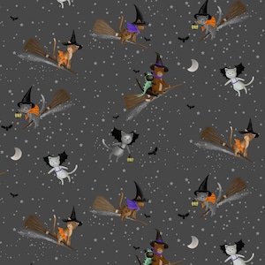 Cat Fabric - Purranormal Meowgical Charcoal Dear Stella (DLW3124) - Sold by the Yard