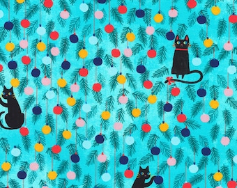 Cat Fabric - Jingle Pals In the Ornaments Aqua Robert Kaufman (AKFD-22600-70) - Sold by the Yard