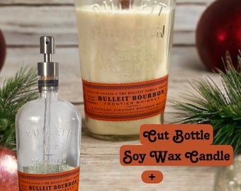 Bulliet Bourbon Frontier Whiskey & Bulliet Rye 95 American Whiskey | Gift Set | Cut Bottle Soy Wax Candle and Bottle Soap Pump Dispenser