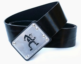 Hi Tek Alexander Black Leather Belt: Stainless Steel Buckle, Unisex