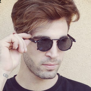 Hi Tek Alexander round gold black vintage metal Steampunk Goth Retro unisex Techno Rock spring on temples NOS 1990s sunglasses