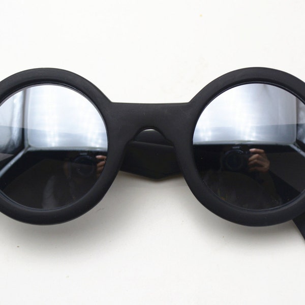 Hi Tek Alexander round Steampunk black frame silver mirror  unisex rock style unusual vintage John lennon style sunglasses