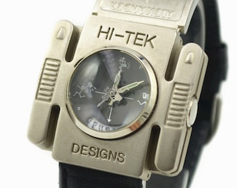 Hi Tek black leather goth steampunk retro futuristic unusual unisex wrist watch stainless steel case leather strap