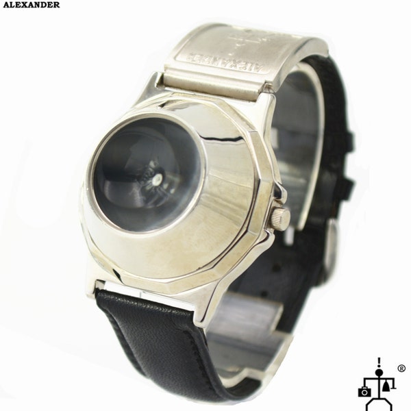 Salut Tek cuir noir goth steampunk rétro futuriste inhabituel unisexe montre-bracelet en acier inoxydable boîtier en cuir bracelet