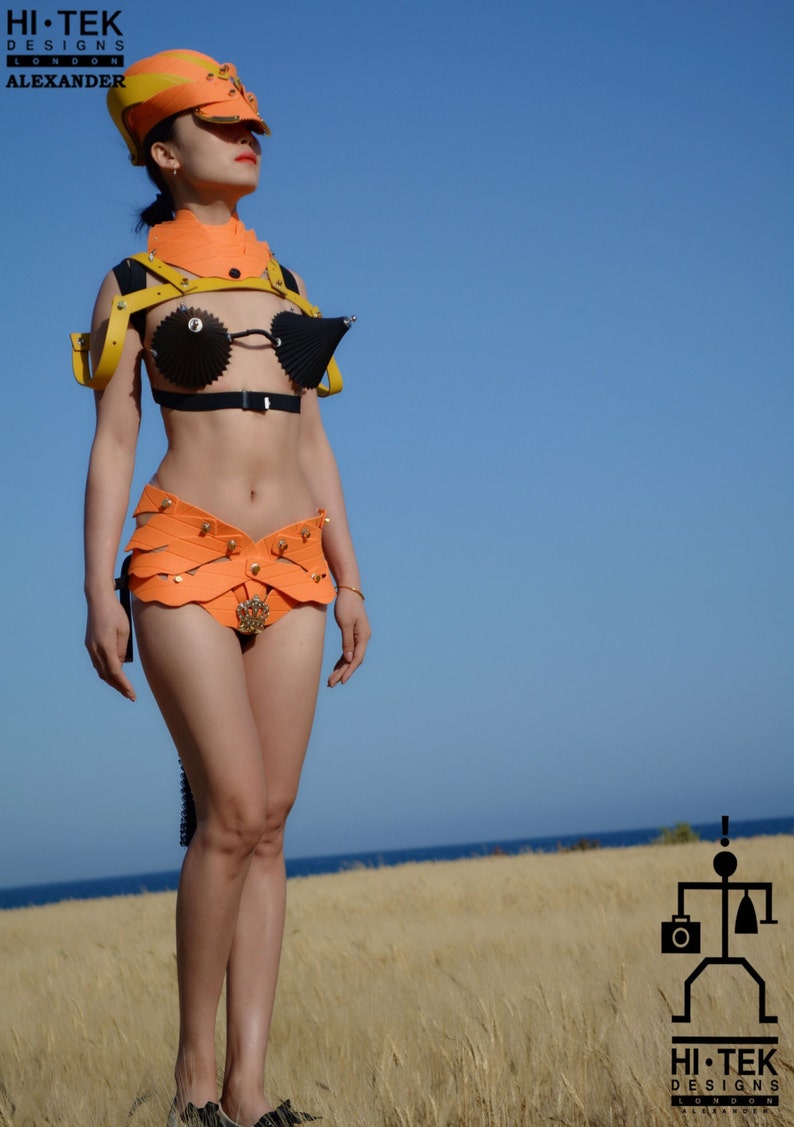 Hi Tek women's dancewear cosplay leather yellow and Orange outfits unique steampunk gothic sci fi costume,cyberpunk,futuristic clothing image 4