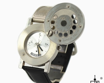 Hi Tek Steampunk Wrist Watch: Black Leather Stainless Steel Unisex Watch