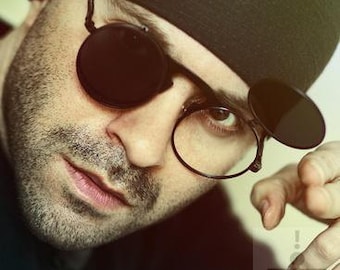 Hi Tek Round Flip Up Sunglasses: Black Metal Frame, Steampunk Goth Style