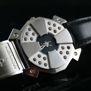 Hi-Tek Alexander handmade goth steampunk retro futuristic unusual unisexx leather strap cuff watch