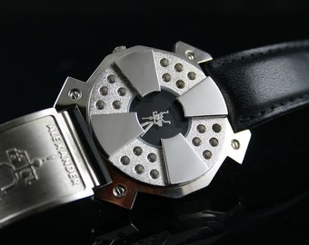 Hi-Tek Alexander handmade goth steampunk retro futuristic unusual unisexx leather strap cuff watch