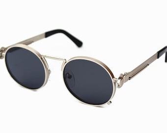Runde Steampunk-Sonnenbrille: Silberner Metallrahmen, polarisierte Linse