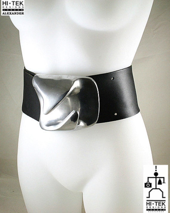 Black Leather Belt: Hi Tek Alexander Aluminum Buckle, Cyberpunk Gothic