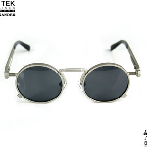 Hi Tek Alexander round silver vintage metal Steampunk Goth Retro unisex Techno Rock spring on temples NOS 1990s sunglasses image 3