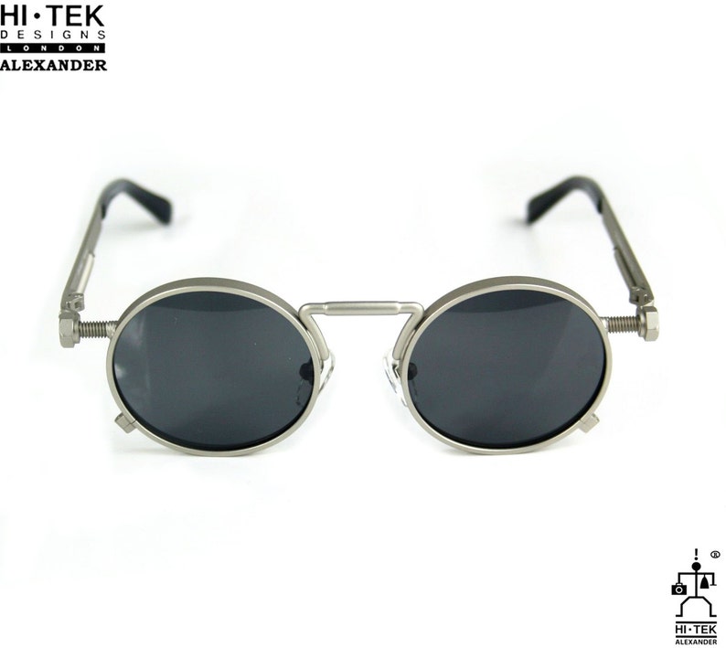 Hi Tek Alexander round silver vintage metal Steampunk Goth Retro unisex Techno Rock spring on temples NOS 1990s sunglasses image 3