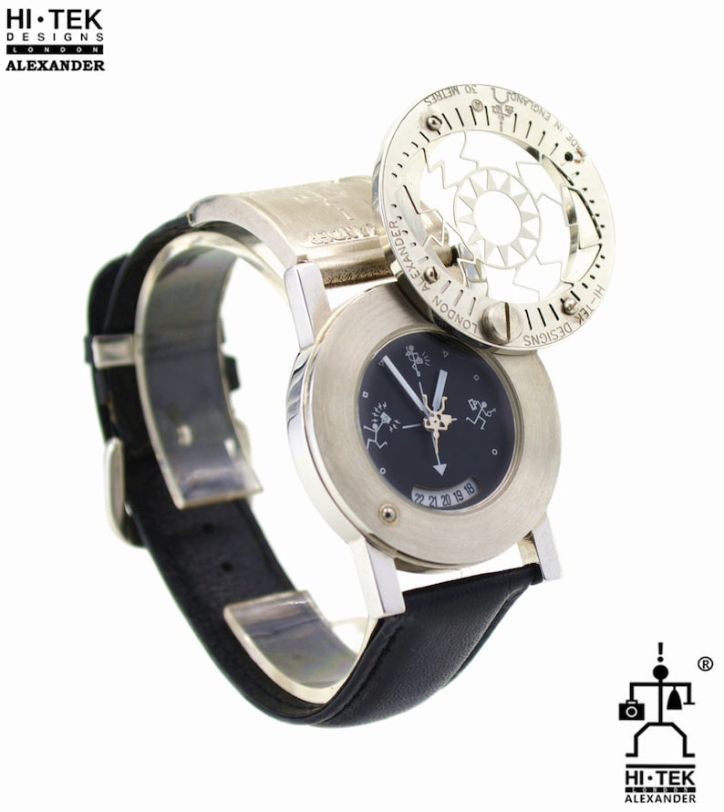 May include: A silver wristwatch with a black face and a rotating bezel. The watch has a black leather band and is water resistant to 30 meters. The watch face features a unique design with stick hands and a small window displaying the date.