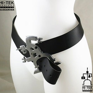 Hi Tek Alexander black leather belt with aluminum fastener buckle cyperpunk gothic futuric unisex unusual unique