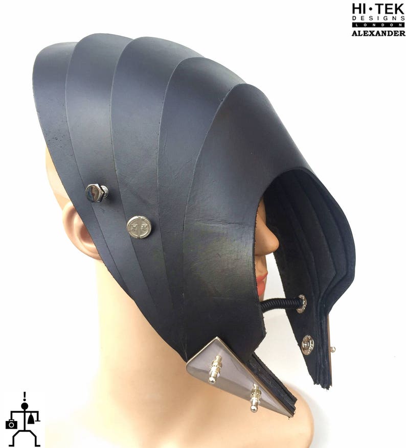 steampunk unusual party costume headpieces helmet transformer mask hat Hi Tek Alexander handmade leather modern futuristic sci fi