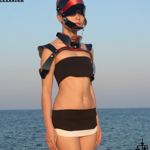 Hi Tek women&#39;s dancewear cosplay lady gaga style unique steampunk gothic sci fi costume cyber punk futuristic leather black red harness