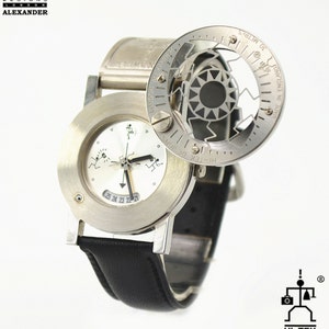 Ciao Tek in pelle nera goth steampunk retrò futuristico insolito unisex orologio da polso cinturino di cuoio di caso in acciaio inox
