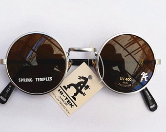 Hi Tek Alexander Unisex round metal frame sunglasses with silver metal and smoke lenses spring temples