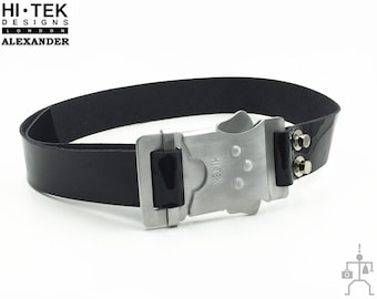 HI Tek Black Leather Belt: Aluminum Buckle, Cyberpunk Goth Style