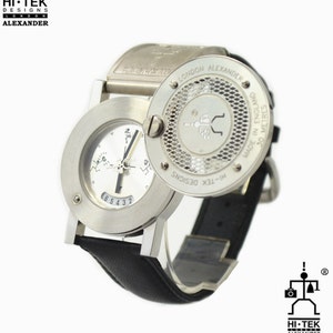 Ciao Tek in pelle nera goth steampunk retrò futuristico insolito unisex orologio da polso cinturino di cuoio di caso in acciaio inox