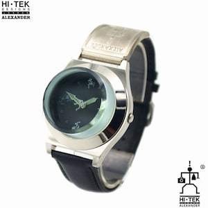 Hi Tek black leather goth steampunk retro futuristic unusual unisex wrist watch