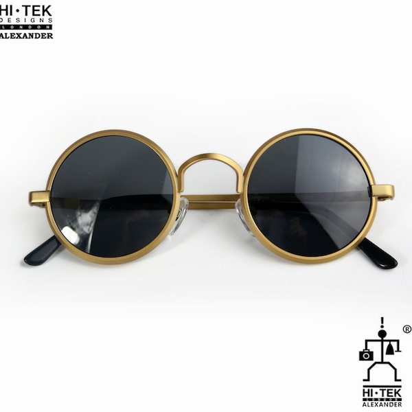 Hi Tek Alexander round sunglasses gold vintage Retro unisex Steampunk Goth John Lennon style round  Hippie polarized lens NOS 1990s