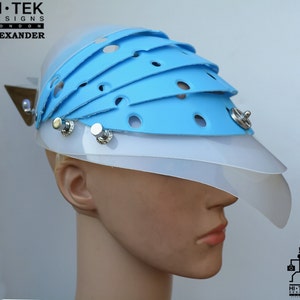 Hi Tek Alexander handmade modern futuristic sci fi gothic steampunk unusual party eyewear alien cosplay mask hat headpiece blue white helmet