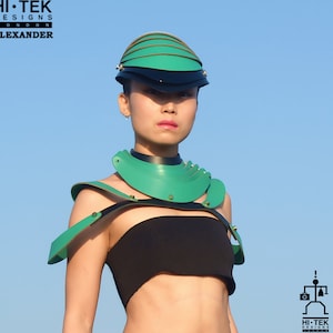 Hi Tek women&#39;s dancewear cosplay lady gaga style unique steampunk gothic sci fi costume cyber punk futuristic leather green  harness