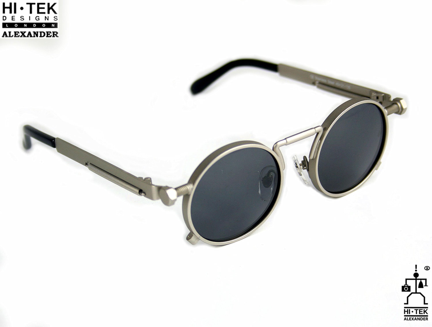 Hi Tek Alexander Steampunk Sunglasses: Round Silver Metal Techno