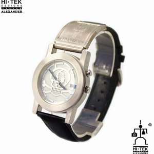 Hi Tek black leather goth steampunk retro futuristic unusual unisex wrist watch