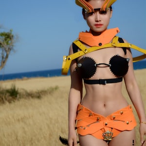Hi Tek women's dancewear cosplay leather yellow and Orange outfits unique steampunk gothic sci fi costume,cyberpunk,futuristic clothing image 1