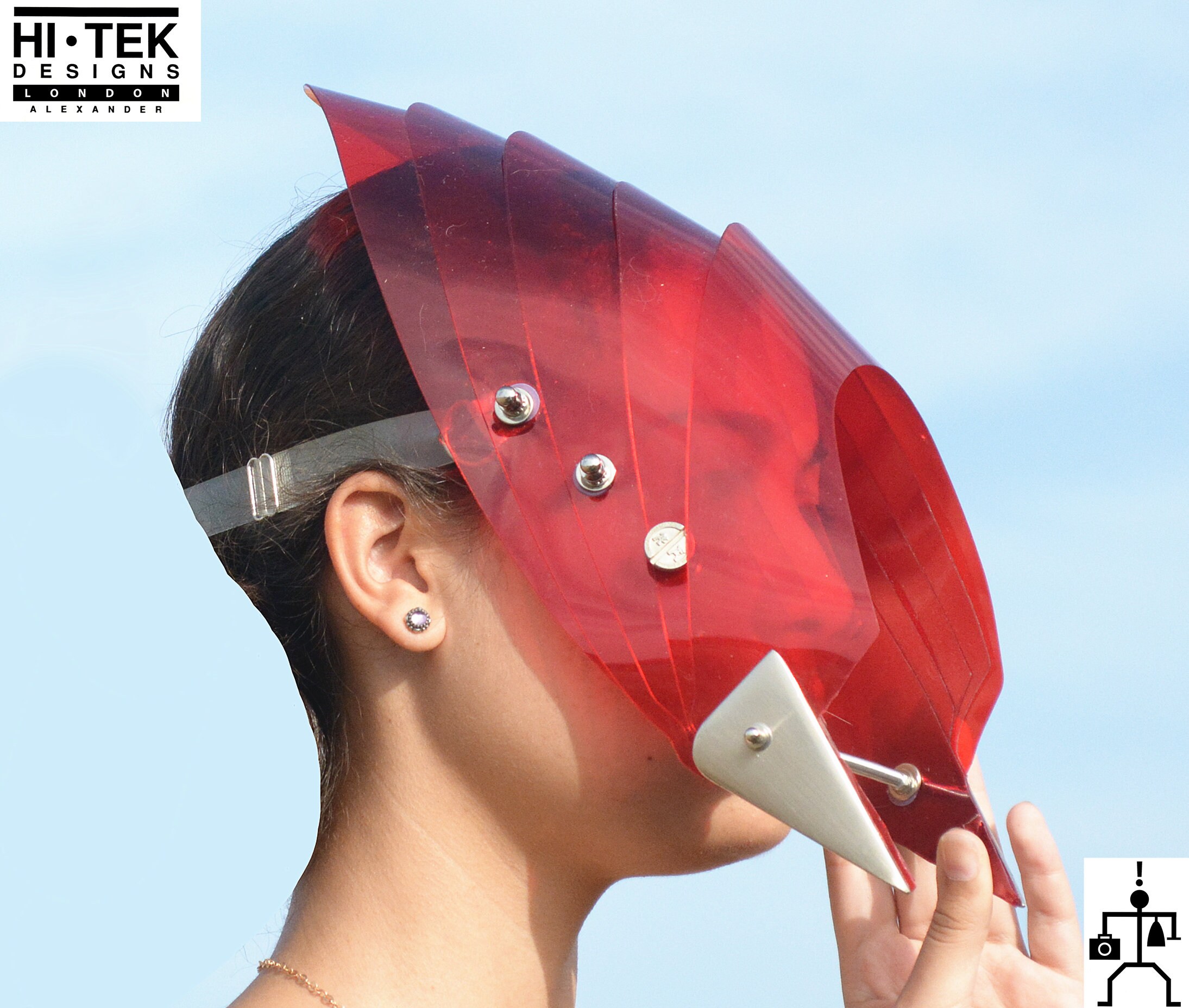 Hallo Tek Alexander handgefertigten roten Kunststoff moderne futuristische, Sci-Fi, Steampunk ungewöhnliche Partei Kopfbedeckungen Helm Transformator Maske Hut