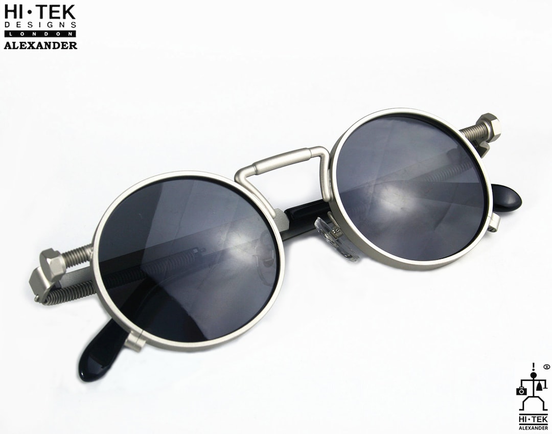 Hi Tek Alexander Steampunk Sunglasses: Round Silver Metal Techno